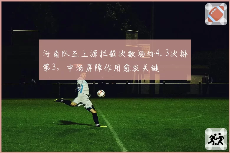 河南队王上源拦截次数场均4.3次排第3，中场屏障作用愈发关键